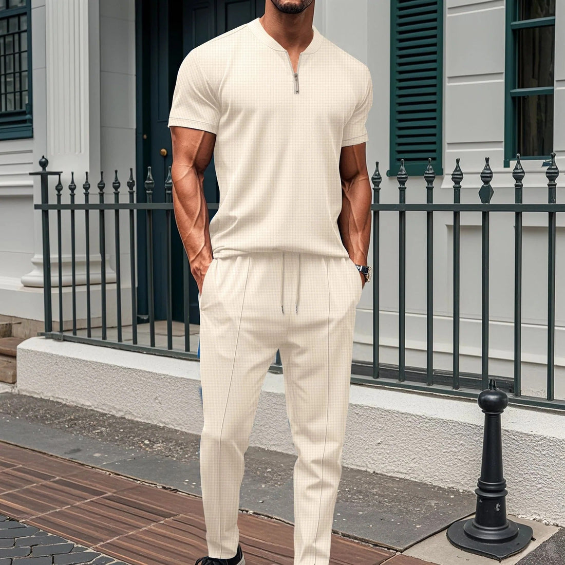 Heren Trainingspak – Slim Fit – Korte Mouwen met Rits – Elastische Broek met Touwtje