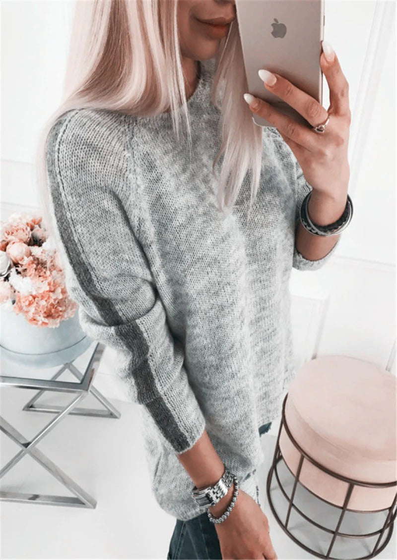 Dames Gebreide Trui – Losse Pasvorm – Katoenmix – Gestreepte Mouwen – Casual Look