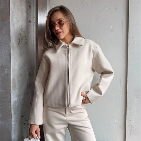 Dam Jacka med Dragkedja – Strukturerad Passform – Klassisk Krage – Långa Ärmar