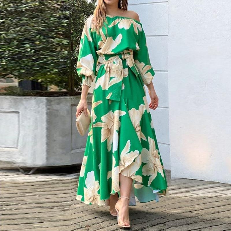 Dames maxi jurk – Linnenlook – Pofmouwen – Asymmetrische zoom – Tailleceintuur