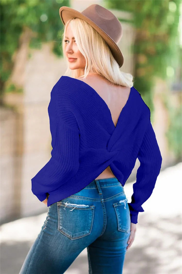 Dames Pullover Trui – Relaxed Fit – Wolmix – Geribd – Open Rug met Twist – Lange Mouw