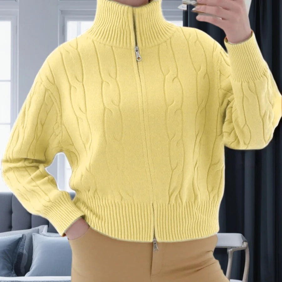 Dames trui – Wolmix – Relaxed fit – Hoge kraag met rits – Kabelpatroon