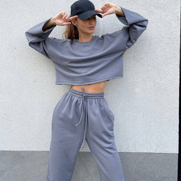 Dames Athleisure Set – Relaxed Fit – Zachte Katoenmix – Cropped Top – Broek met Elastische Taille