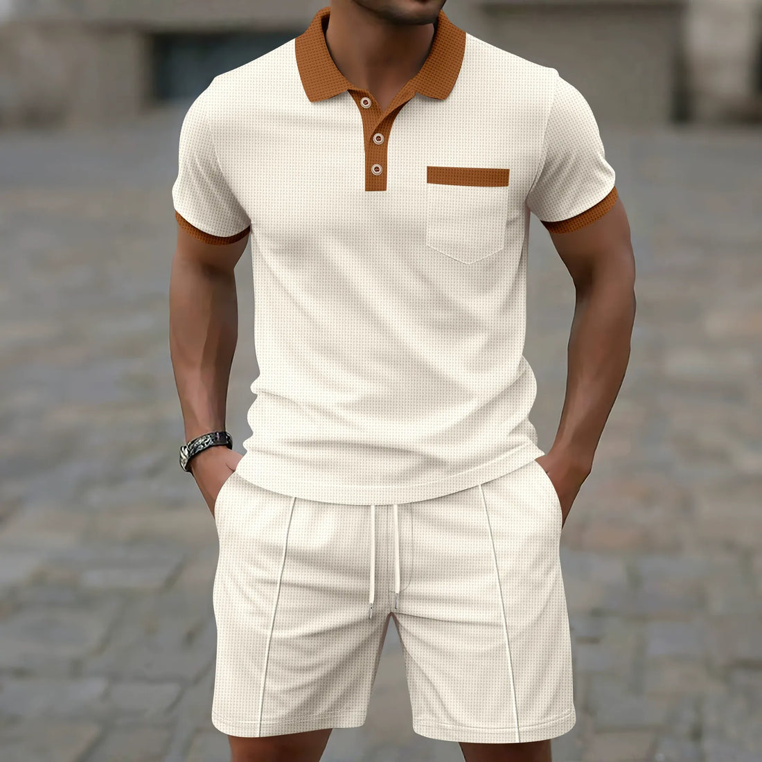 Heren set polo en short – Slim fit – Licht en ademend – Half zip – Borstzak