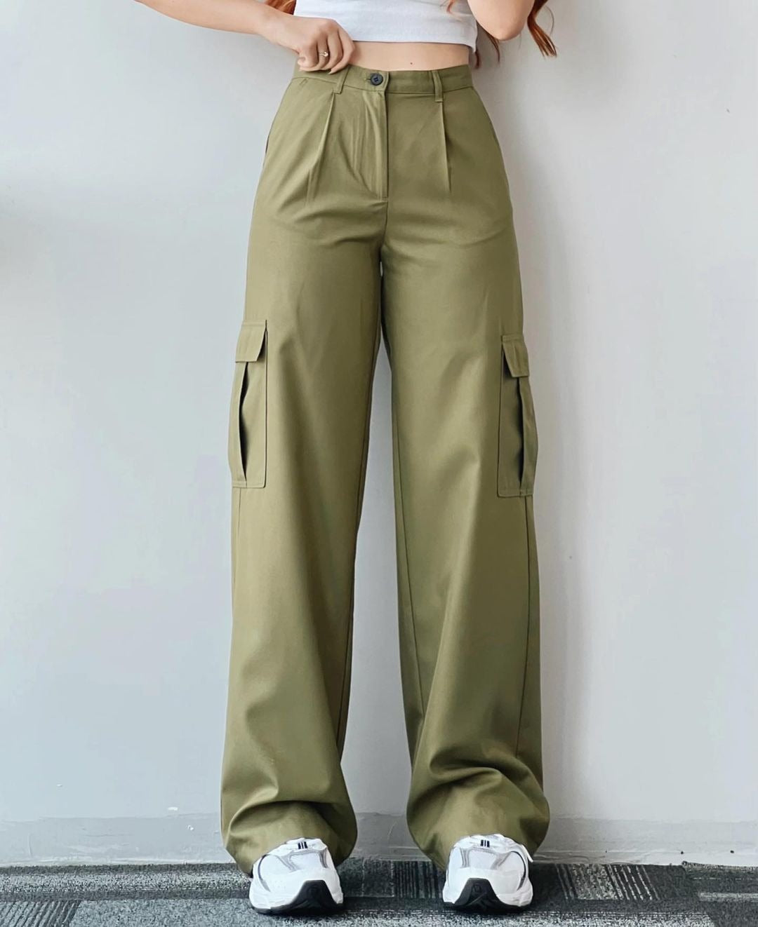 Dames Broek - Katoenmix - Hoge Taille - Rechte Pijp - Cargo Zakken