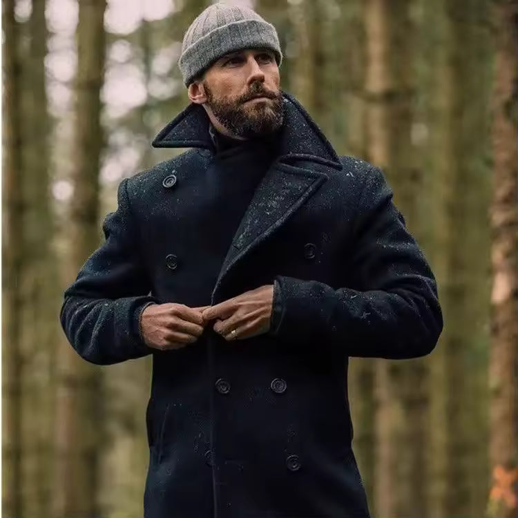 Heren Peacoat – Wolmix – Getailleerde Pasvorm – Dubbelrijige Halflange Jas