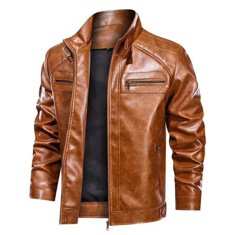 Heren Bikerjack – Slim Fit – Leerlook – Gequilte Schouders – Ritszakken