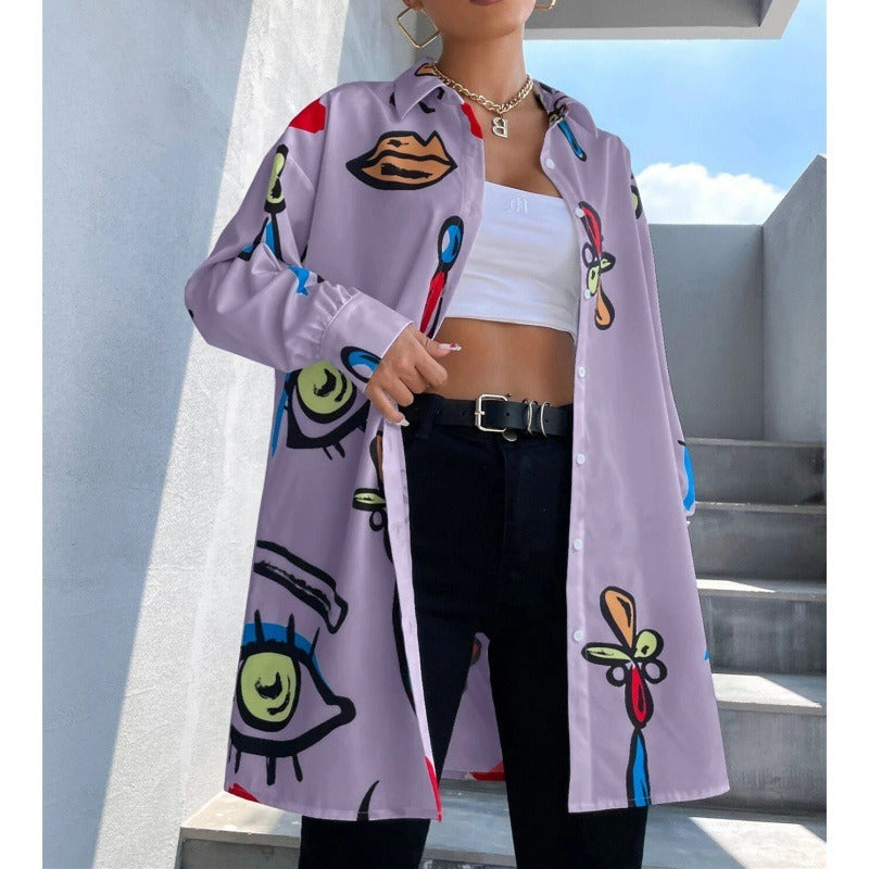 Damskjorta – Lös Passform – Långa Ärmar – Bomull – Grafiskt Tryck