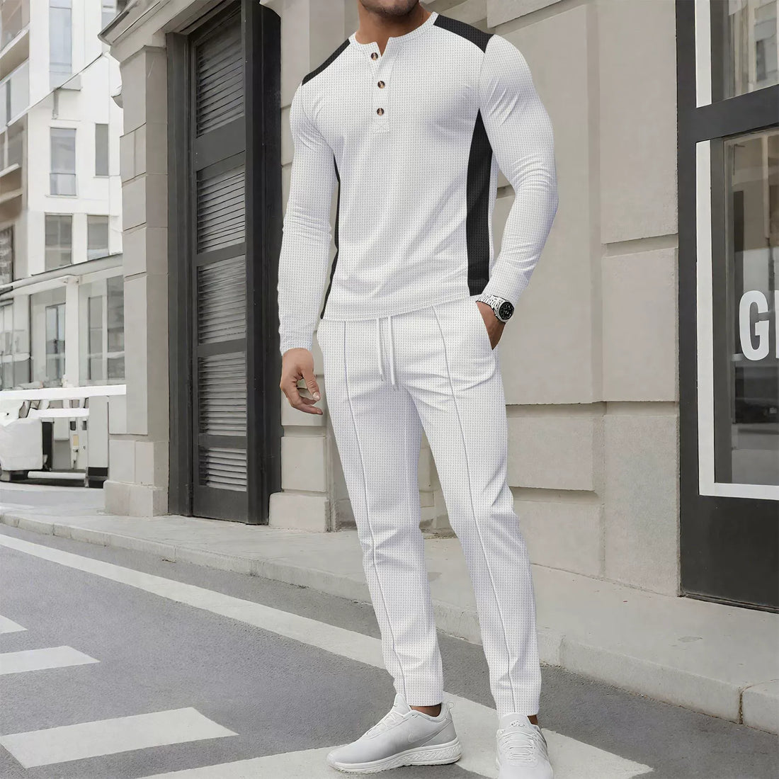 Heren Two-Piece Set – Slim Fit – Wafelstructuur – Henley Shirt met Knoopsluiting