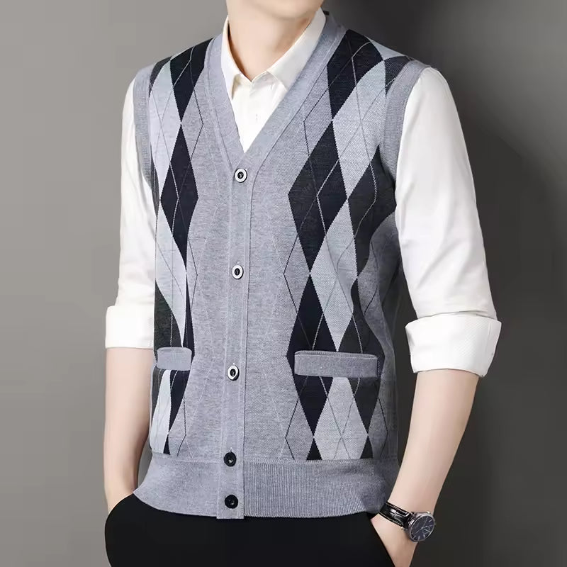Heren Gebreid Vest – Slim Fit – Wolmix – Geruit – Knopen – V-hals – Zakjes
