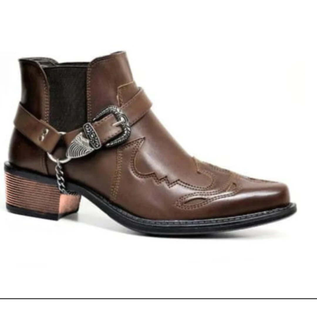 Heren Cowboylaarzen – Leren Slip-On – Enkelhoog – Puntige Neus – Kettingdetail