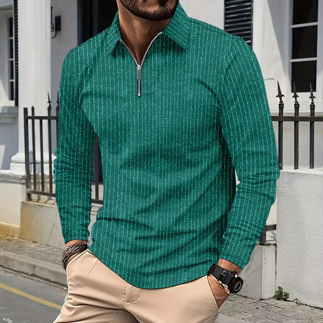 Herr Skjorta Lång Ärm – Slim Passform – Dragkedja Framtill – Andningsbar – Stående Krage