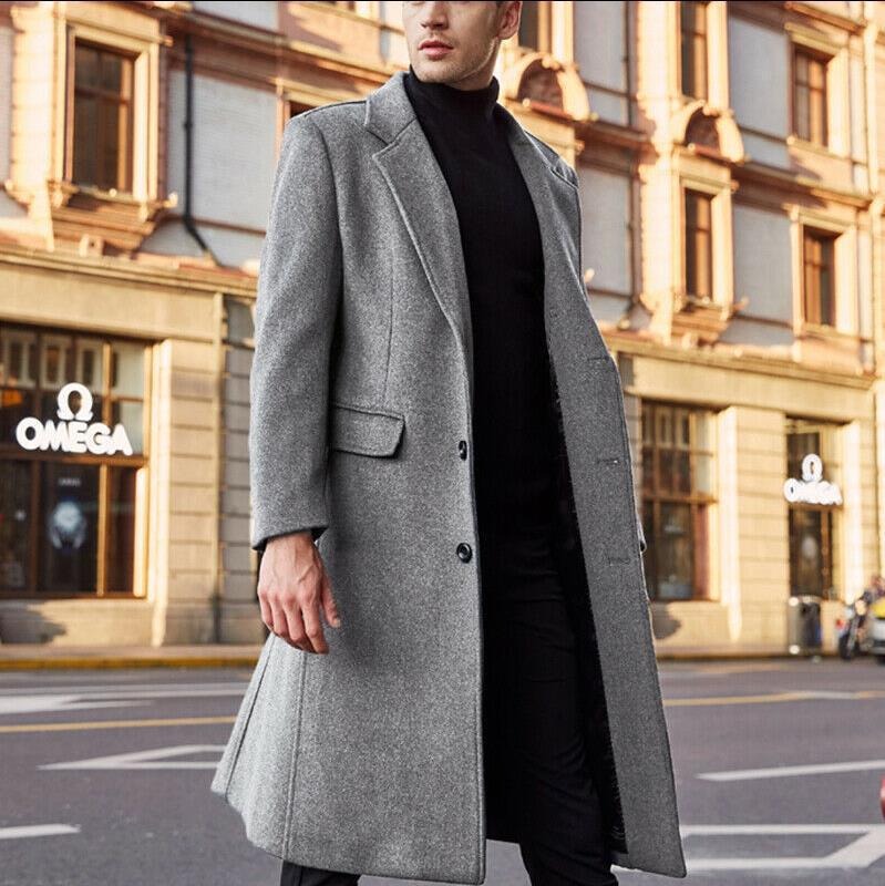 Heren trenchcoat – Getailleerde pasvorm – Wolmix – Lange lengte – Brede revers