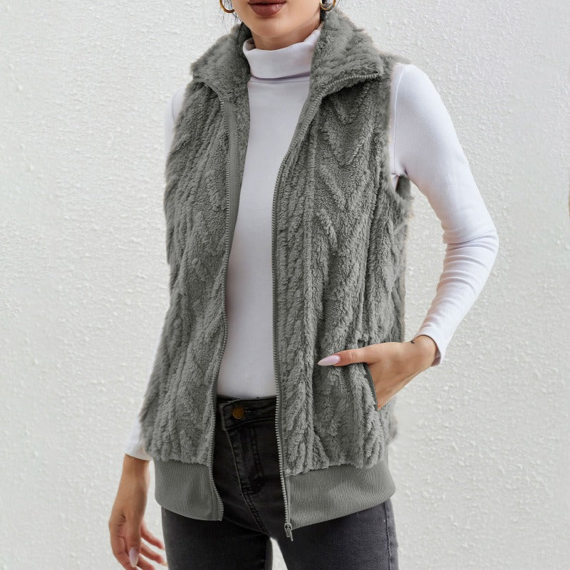 Damväst – Jacquard Fleece – Hög Krage – Dragkedja – Avslappnad Passform