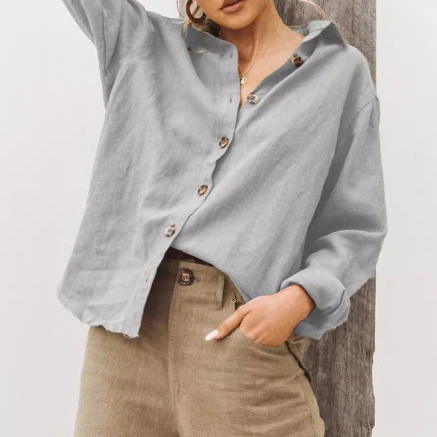 Dames Blouse – Losse Pasvorm – Katoen Linnen – Lange Mouwen – Knoopsluiting – Reverskraag