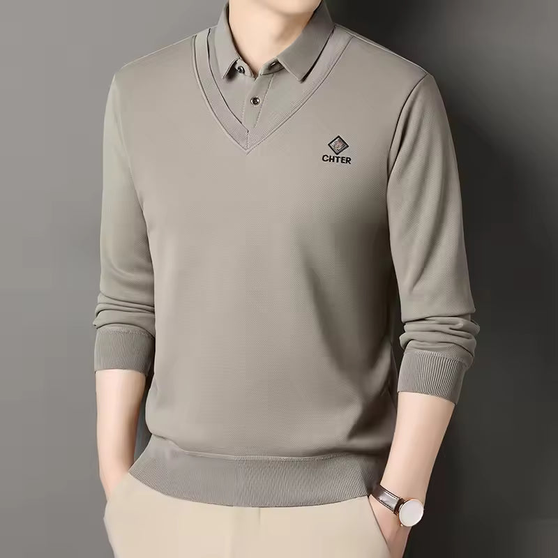 Heren Pullover Trui – Slim Fit – Zachte Fleece Look – Polo Kraag V-Hals – Geribde Mouwen