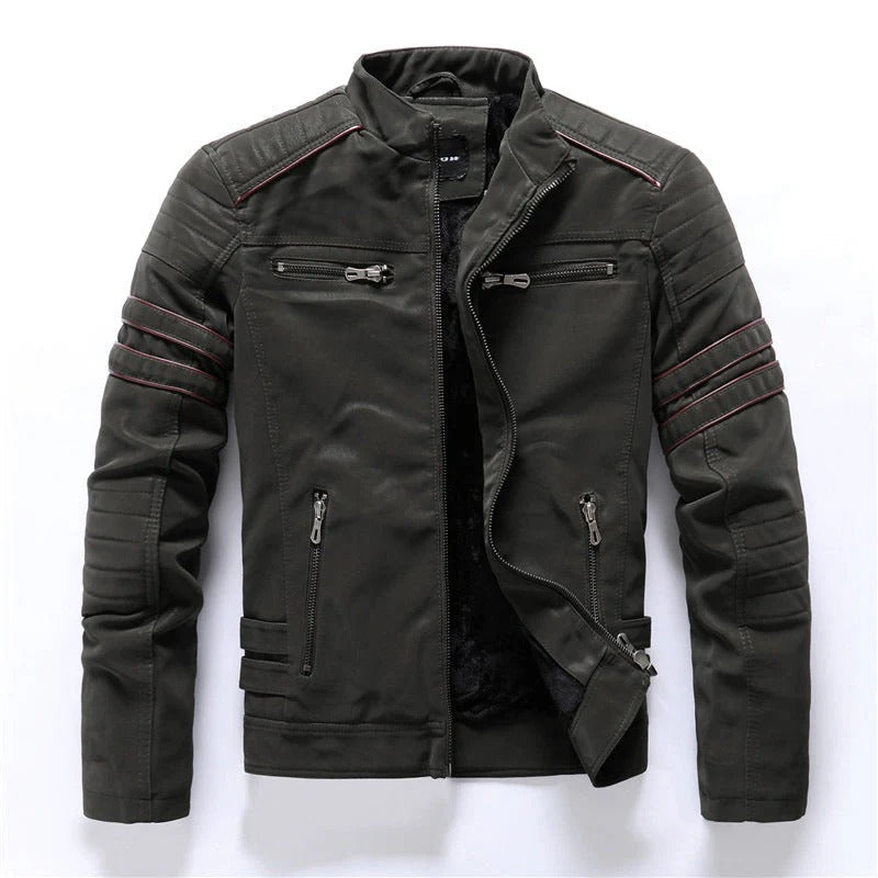 Heren Bikerjack – Slim Fit – Kunstleerlook – Gequilt Schouders – Ritszakken