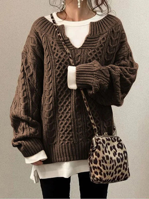Dames Trui – Oversized Pasvorm – Gebreid Wol – Kabelpatroon – Ronde Hals met Inkeping