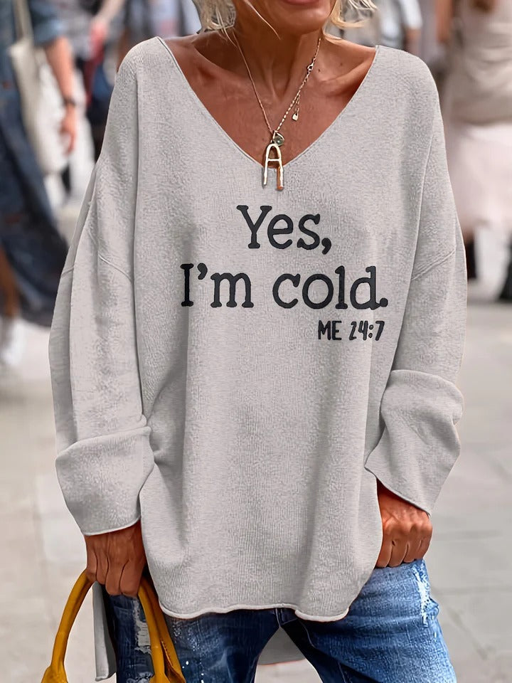 Damestrui – Zachte Knit – Oversized Pasvorm – V-Hals – Tekstopdruk Casual Look