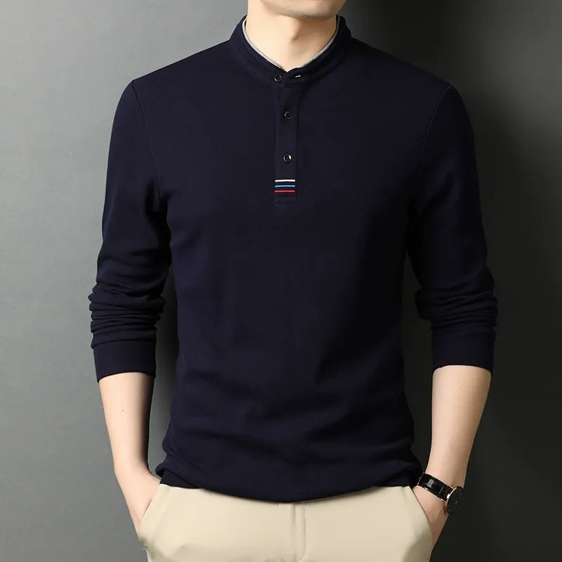 Herr Långärmad T-shirt – Normal Passform – Bomull – Stående Krage – Knappstängning