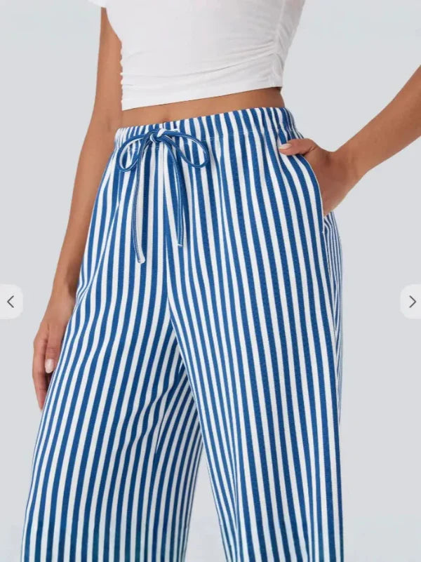 Dam Byxor med Vida Ben – Hög Midja – Randig – Linnemix – Dragsko Midja