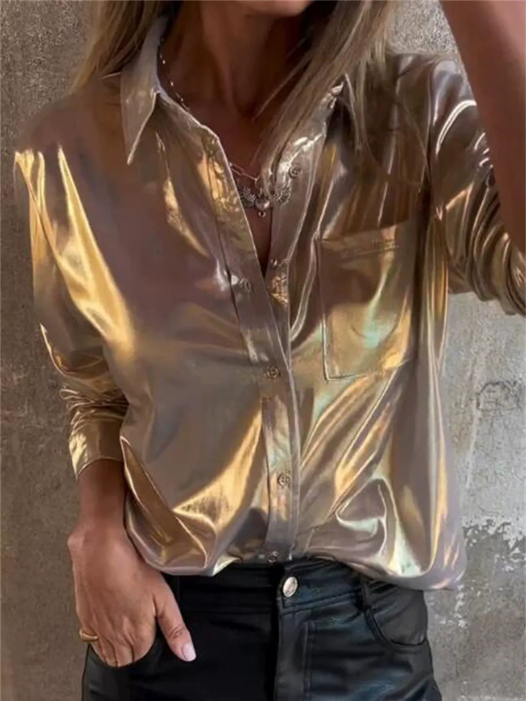 Damskjorta – Avslappnad Passform – Konstläder – Långa Ärmar – Klassisk Krage