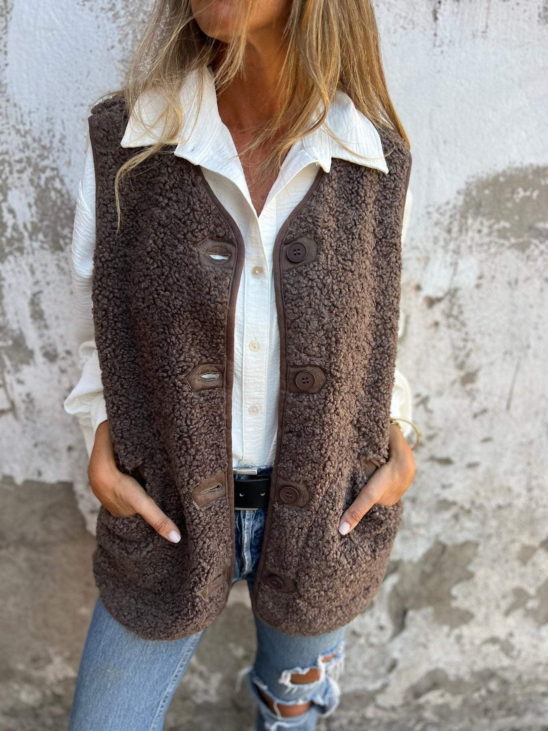 Damer Väst – Shearling Fleece – Relaxed Passform – Ärmlös – Knäppning