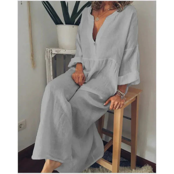 Dames Maxi Jurk – Relaxed Fit – V-hals – Luchtige Katoenmix – Lange Mouwen