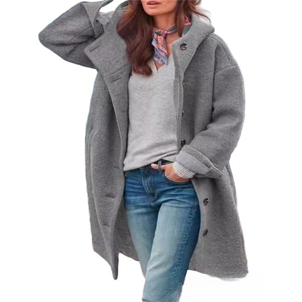 Dames Lange Jas – Oversized Pasvorm – Wol Look – Capuchon – Knoopsluiting