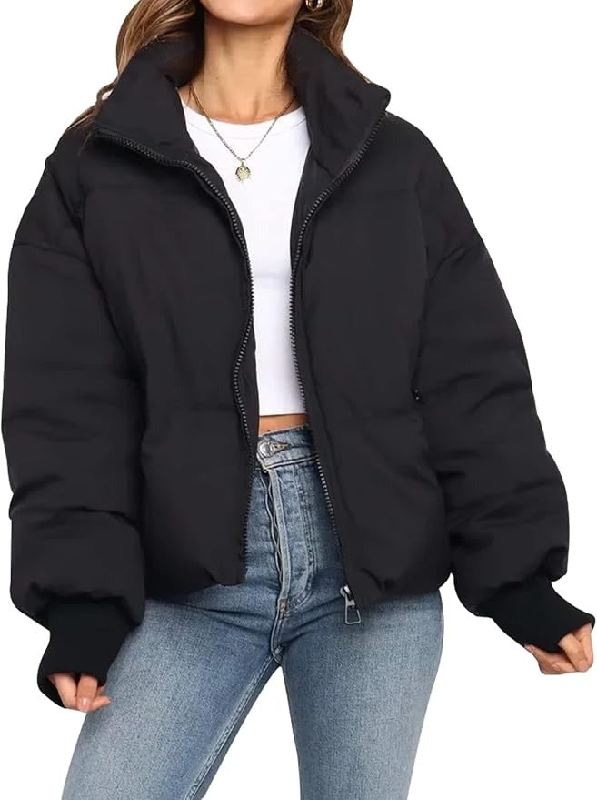 Dames Jas - Geweven Stof - Gewatteerd - Hoge Kraag - Cropped Lengte