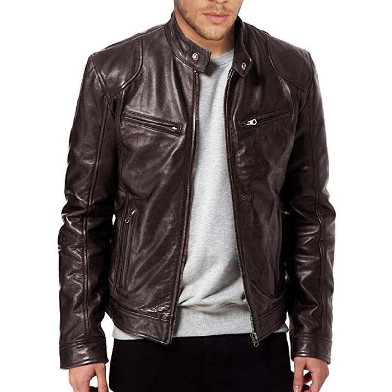 Heren Bikerjack – Leren Look – Getailleerde Pasvorm – Drukkraag – Ritszakken