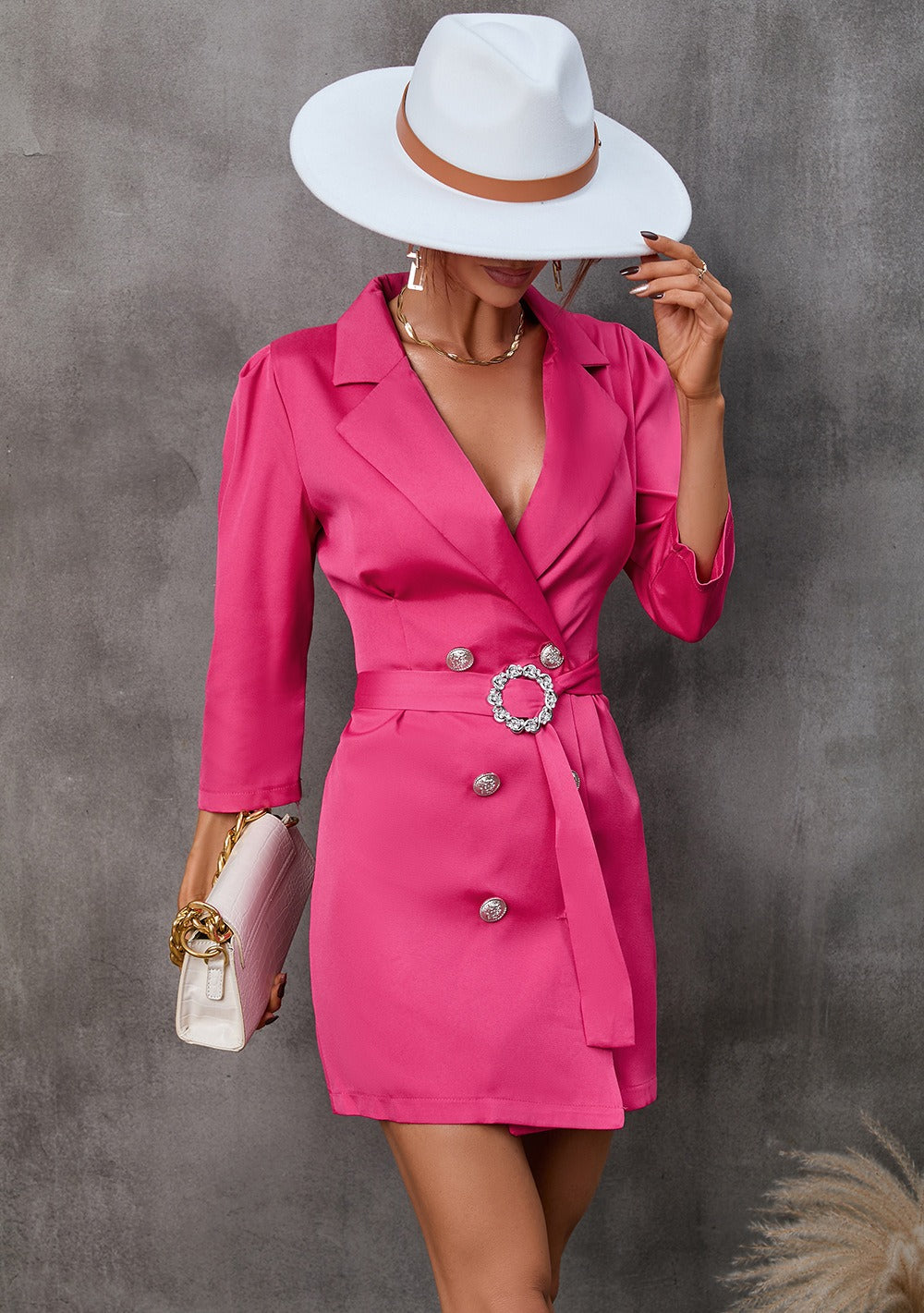 Dam Blazerklänning – Figursydd Passform – Omlottmodell – Mini – Långa Ärmar – Bälte