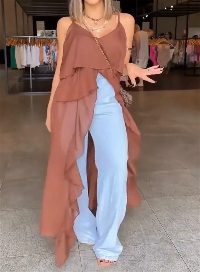 Dames Jurk – V-hals – Ruches – Asymmetrische Zoom – Spaghettibandjes – Chiffon Look