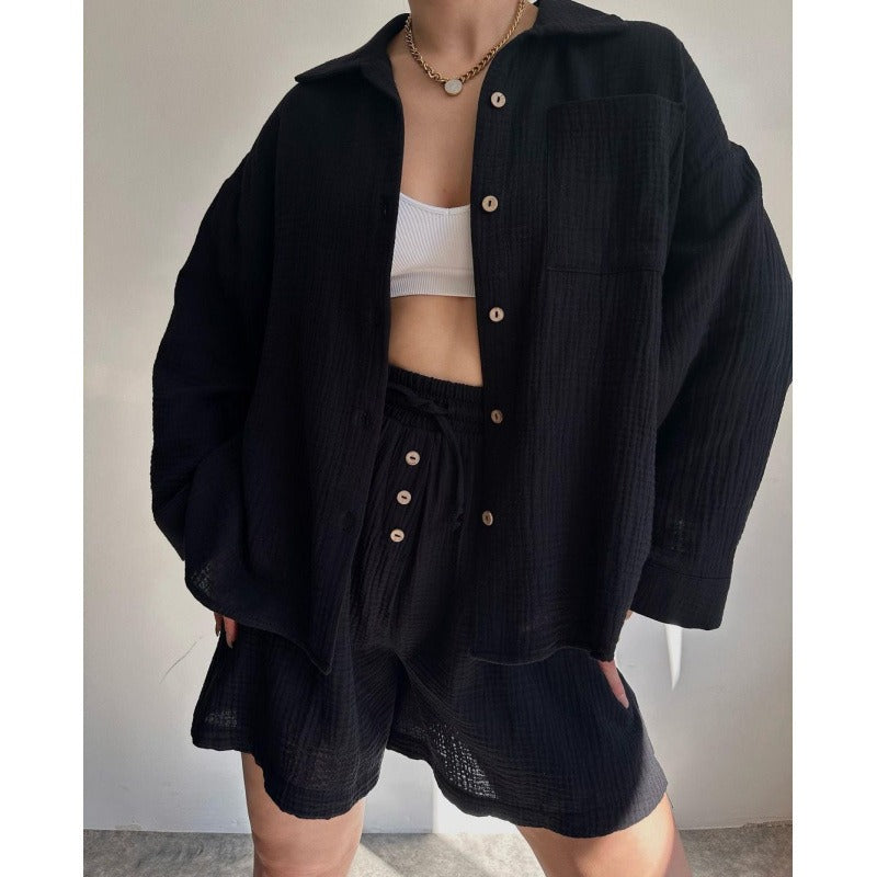 Damer Tvådelat Set – Oversized Blus med Knäppning – Hög Midja Shorts med Dragsko – Bomull