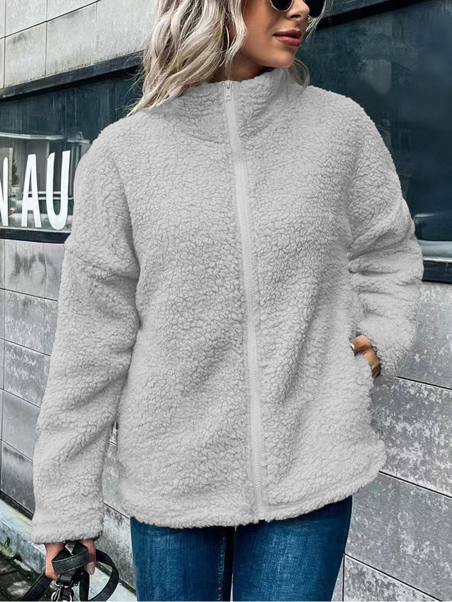 Damer Fleece Jacka – Oversized Passform – Ullmix – Långa Ärmar – Stående Krage