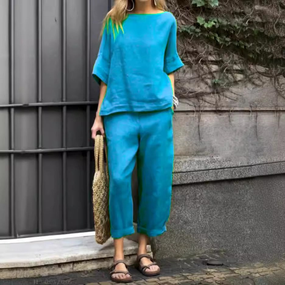 Damkostymset – Linne Bomull – Relaxed Fit – Rund Hals – Kort Ärm – Cropped Byxa