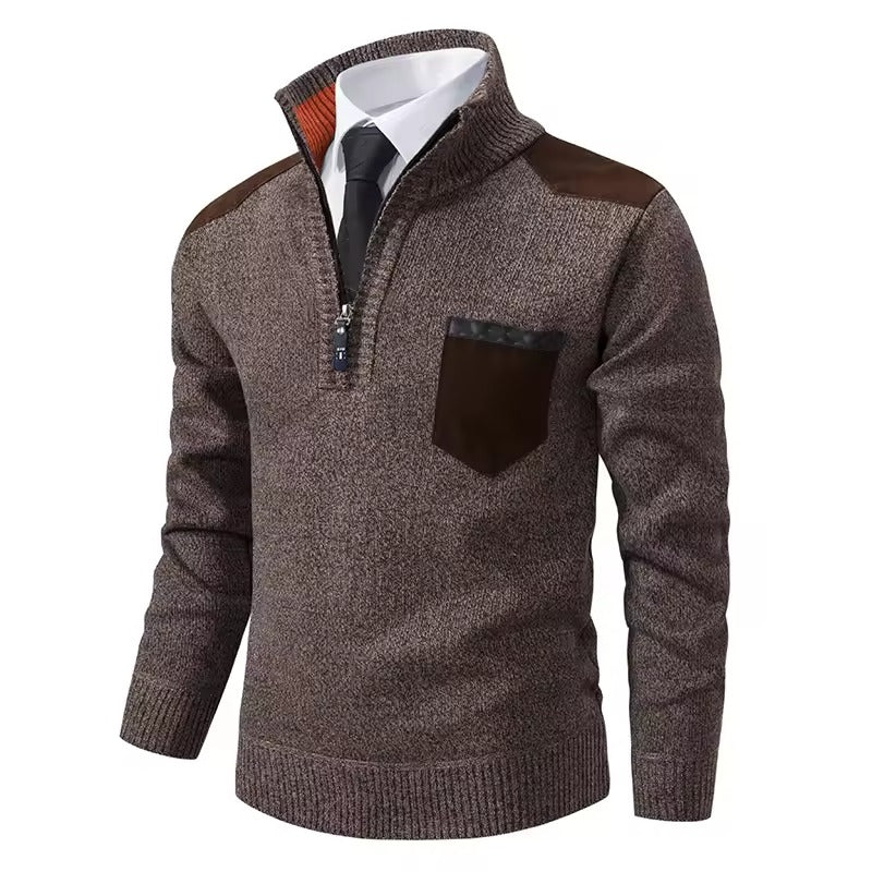 Heren Trui – Wol Knit – Regular Fit – Half-Zip met Borstzak – Ribboorden