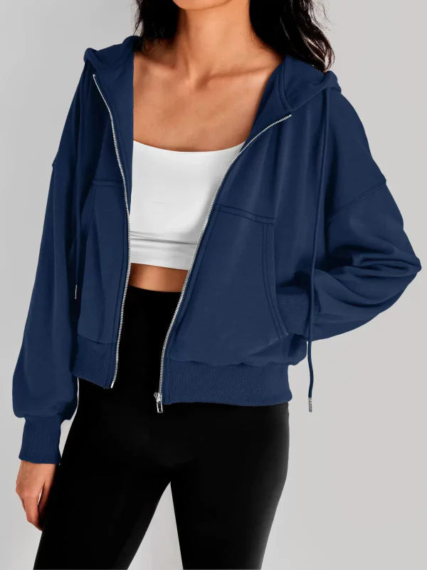 Damer Hoodie med Dragkedja – Avslappnad Passform – Kort Längd – Andningsbar Bomullsblandning