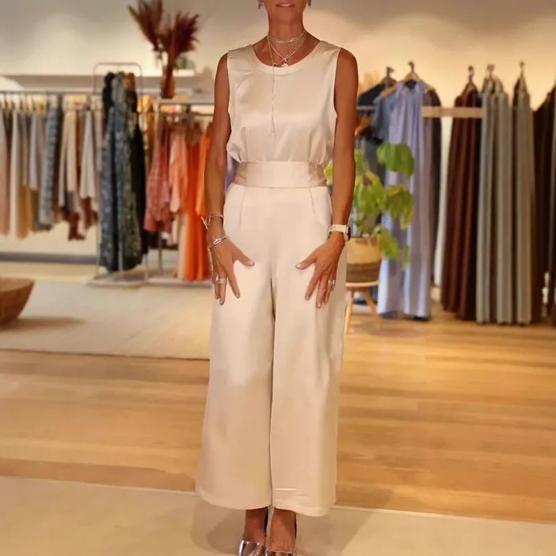Dam Jumpsuit – Satinlook – Avslappnad Passform – Ärmlös – Vida Ben – Draperad Hals