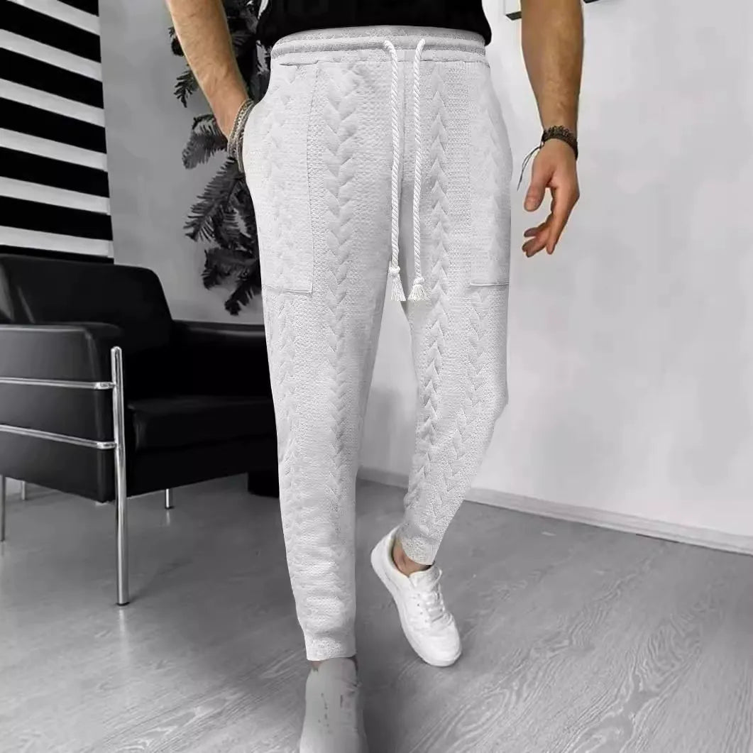 Herr Joggingbyxa – Jacquard Textur – Rak Passform – Dragsko I Midjan – Muddade Anklar