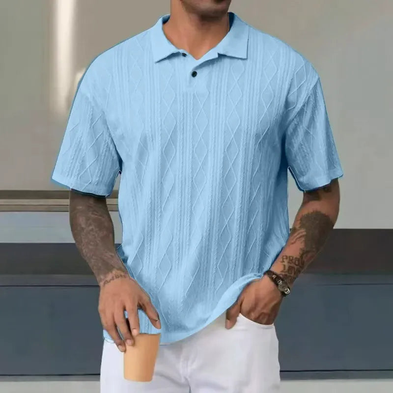 Herr pikétröja – Avslappnad passform – Texturerad stickning – Bomullskänsla – Kort ärm