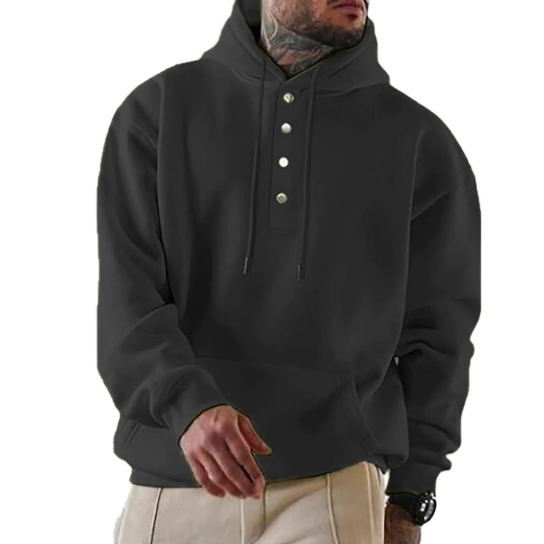 Heren Hoodie – Losse Pasvorm – Fleece Textuur – Drukknoopsluiting – Casual Draagcomfort