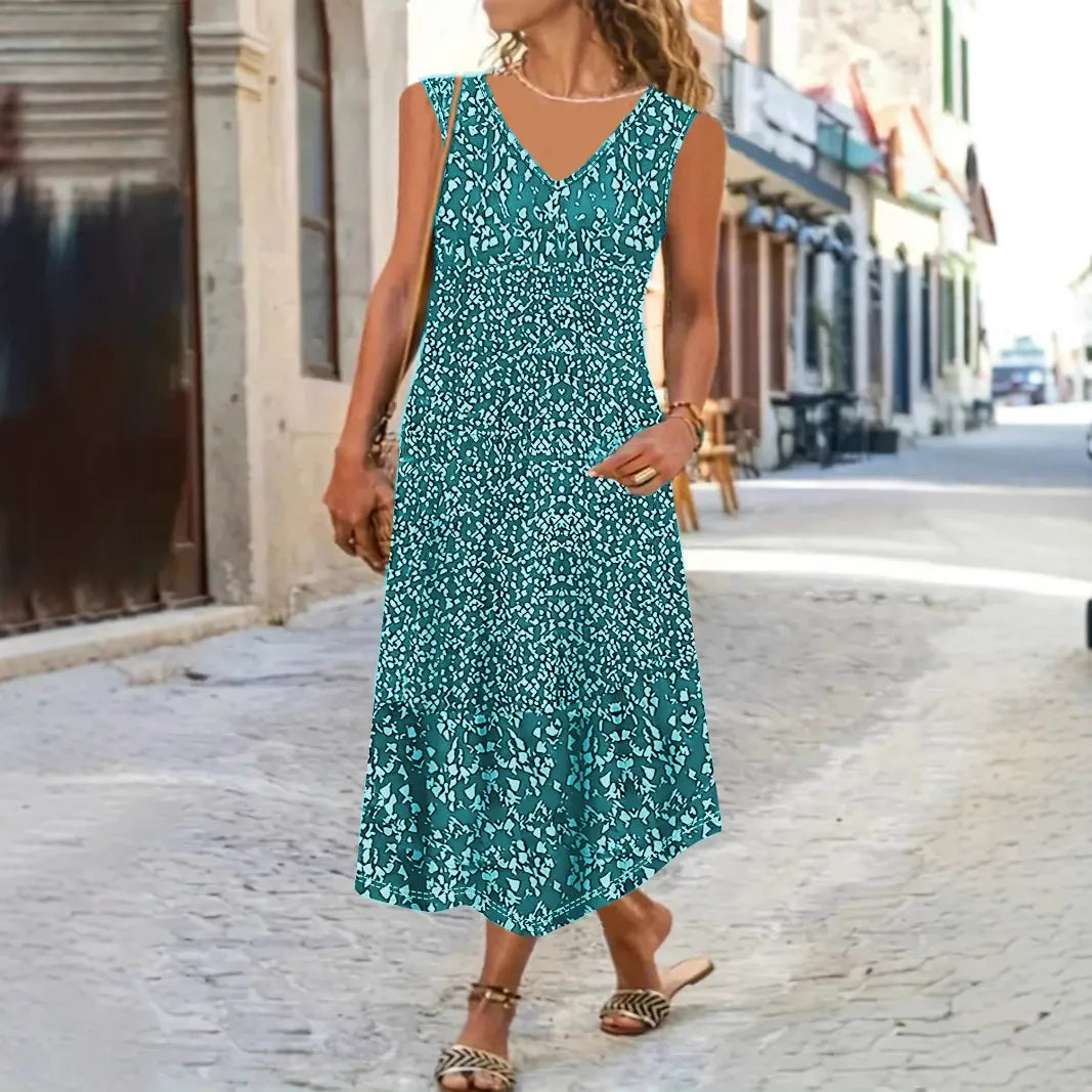Dames Maxi Jurk – Losse Pasvorm – V-Hals – Mouwloos – Bloemenprint – Luchtige Stof