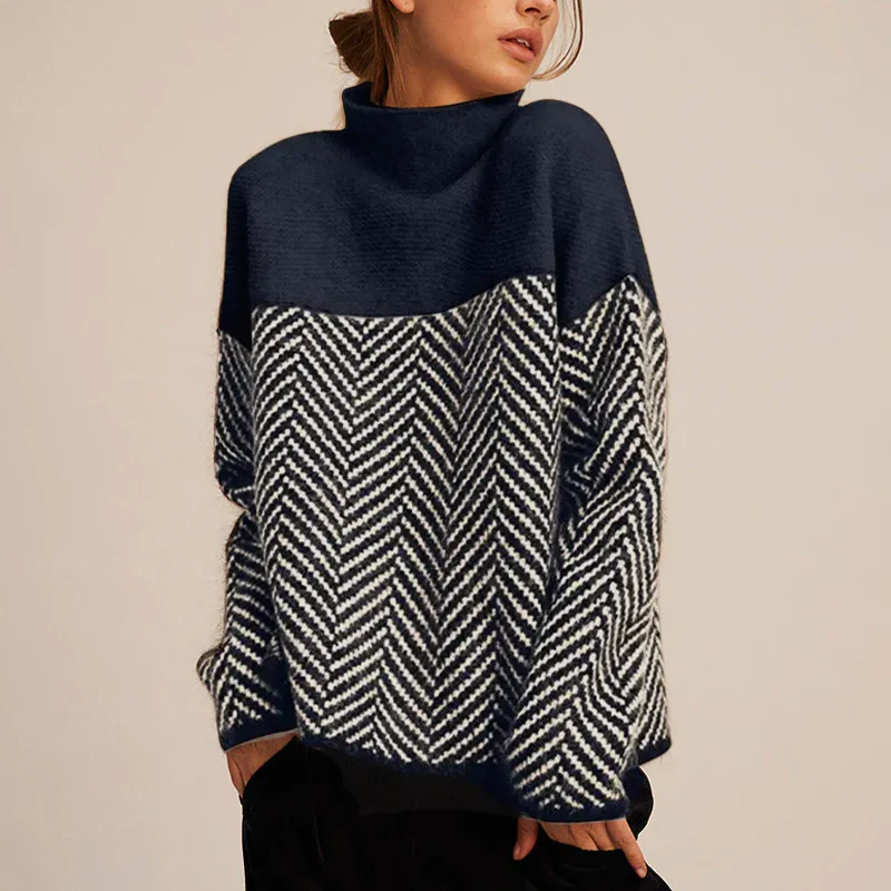 Dames Turtleneck Trui – Wol – Relaxed Fit – Chevron Gebreid – Heuplengte – Lange Mouw