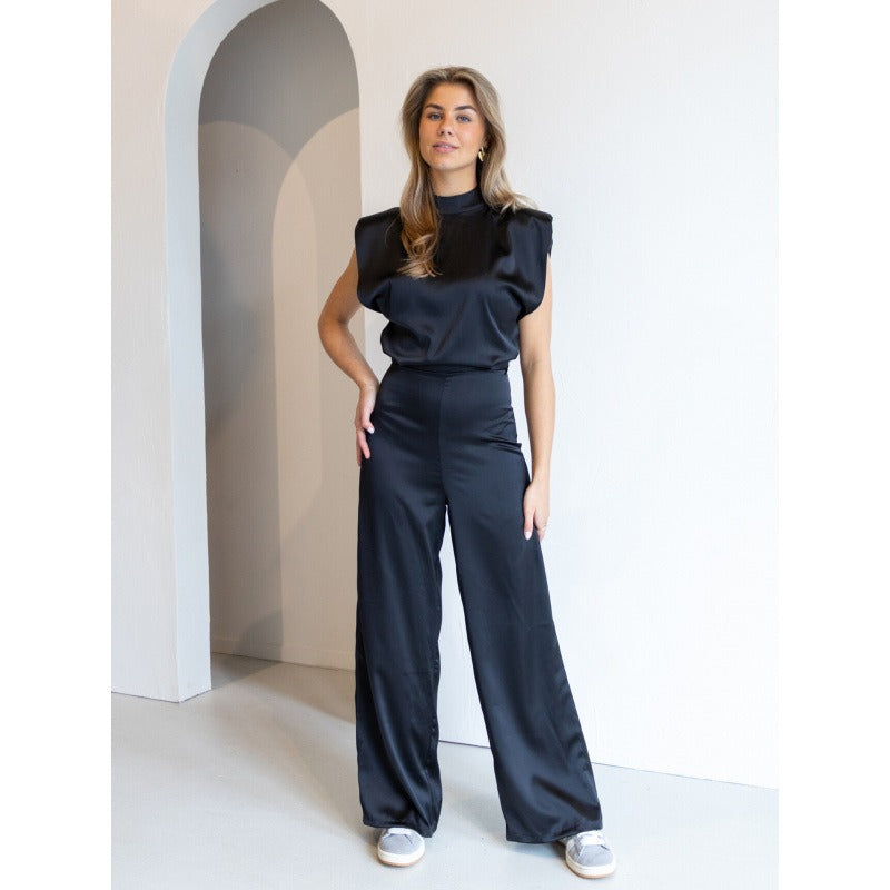 Dames Jumpsuit – Satijnlook – Mouwloos – Hoge Hals – Open Rug – Wijde Pijpen