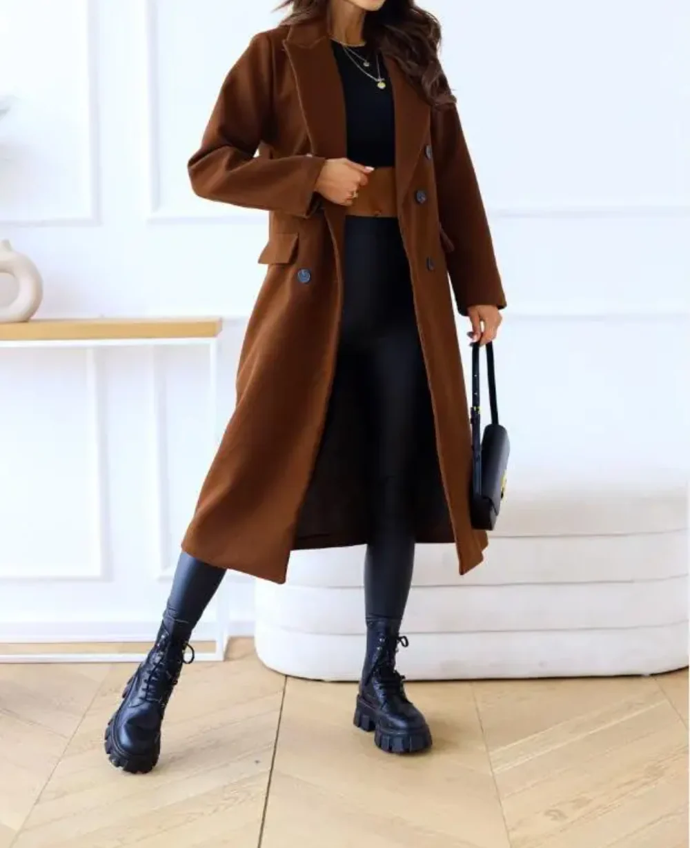 Dames Lange Jas - Wolmix - Tailored Fit - Double-Breasted - Maxi Lengte