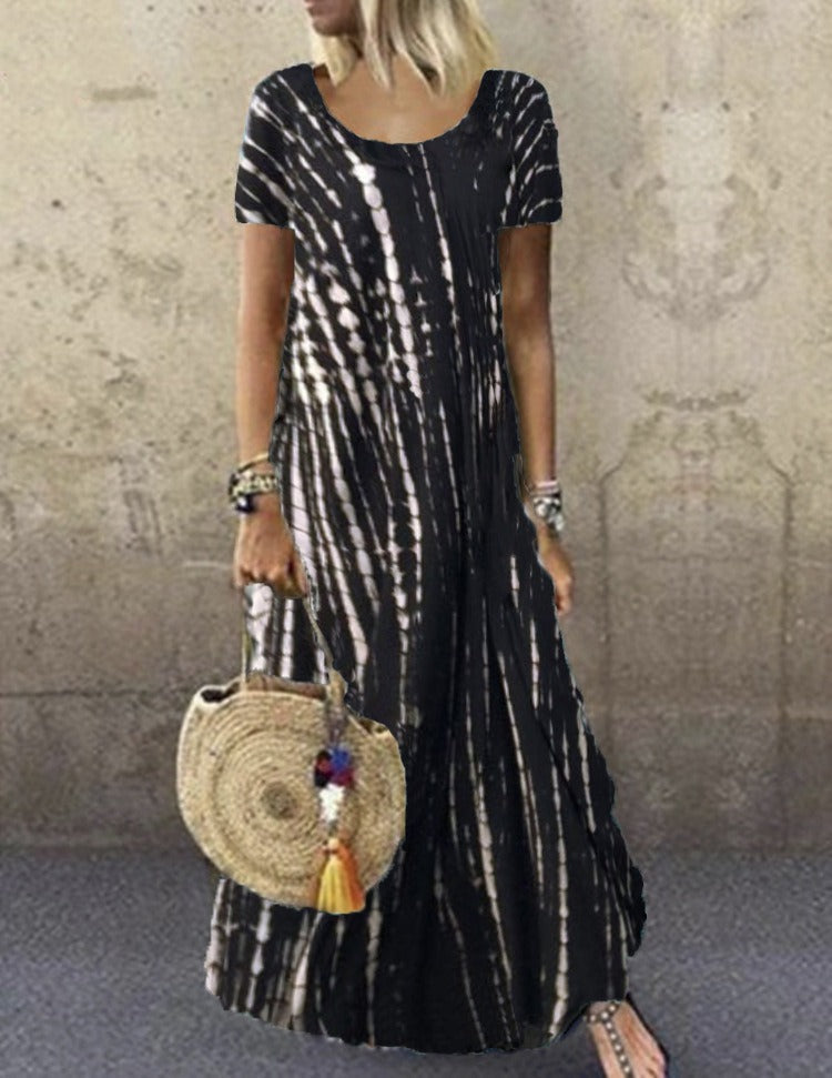 Dames Maxi Jurk – Tie-Dye Print – Losse Pasvorm – Korte Mouw – Ademend Comfort