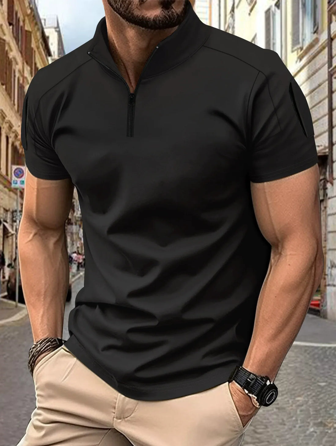 Herr polotröja – Slim passform – Andningsbar bomull – Taktiska ärmfickor – Dragkedjekrage