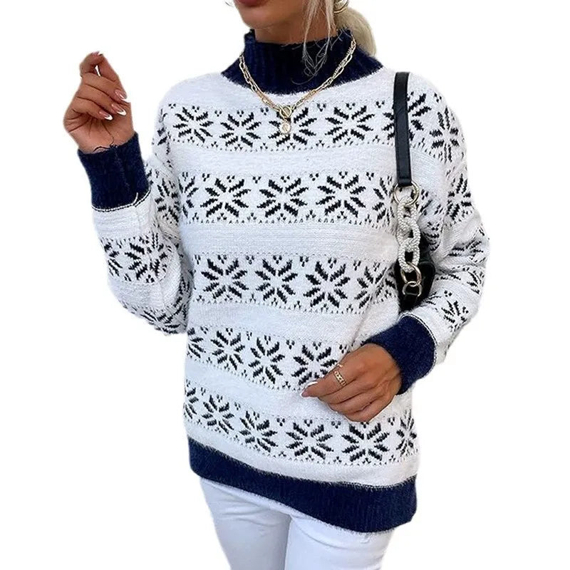Dames Trui – Gebreid Wolmix – Halve Col – Sneeuwvlokpatroon – Relaxte Pasvorm