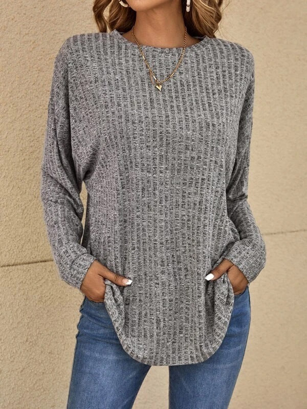 Dames Top met Lange Mouwen – Relaxte Pasvorm – Geribd Tricot – Heuplengte